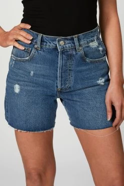 THE MONTY HIGH-RISE DISTRESSED DENIM SHORTS -Varley Store TheSilenceCoCatherineOnModelMarch2020218210