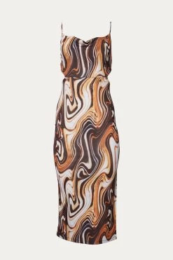MARBLE-PRINT COWL STRETCH-JERSEY CUTOUT MIDI DRESS