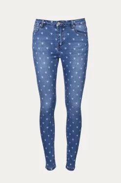 MID-RISE HEART-PRINT SKINNY JEANS