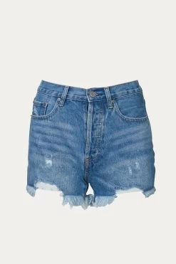 FRAYED HIGH-RISE DENIM SHORTS