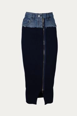 DENIM KNIT ZIP FRONT SKIRT