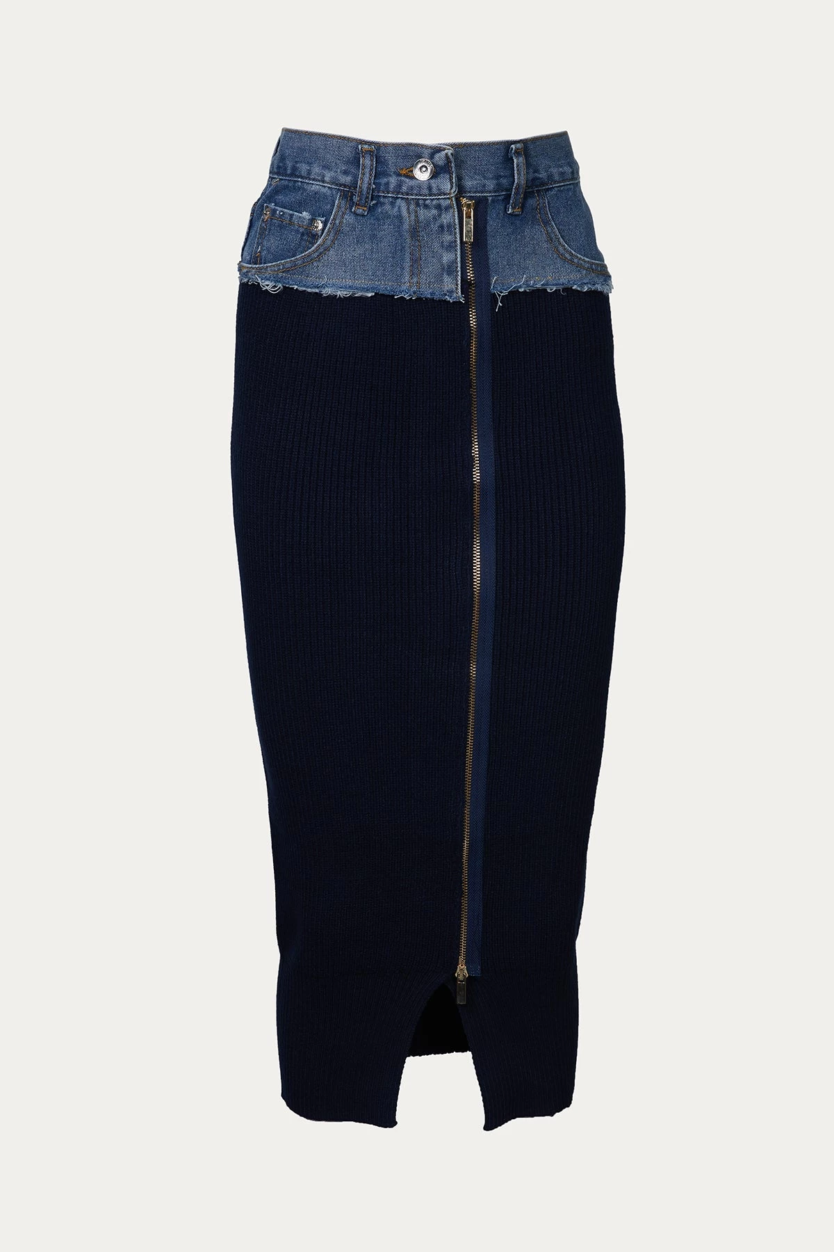 DENIM KNIT ZIP FRONT SKIRT 1 DENIM KNIT ZIP FRONT SKIRT