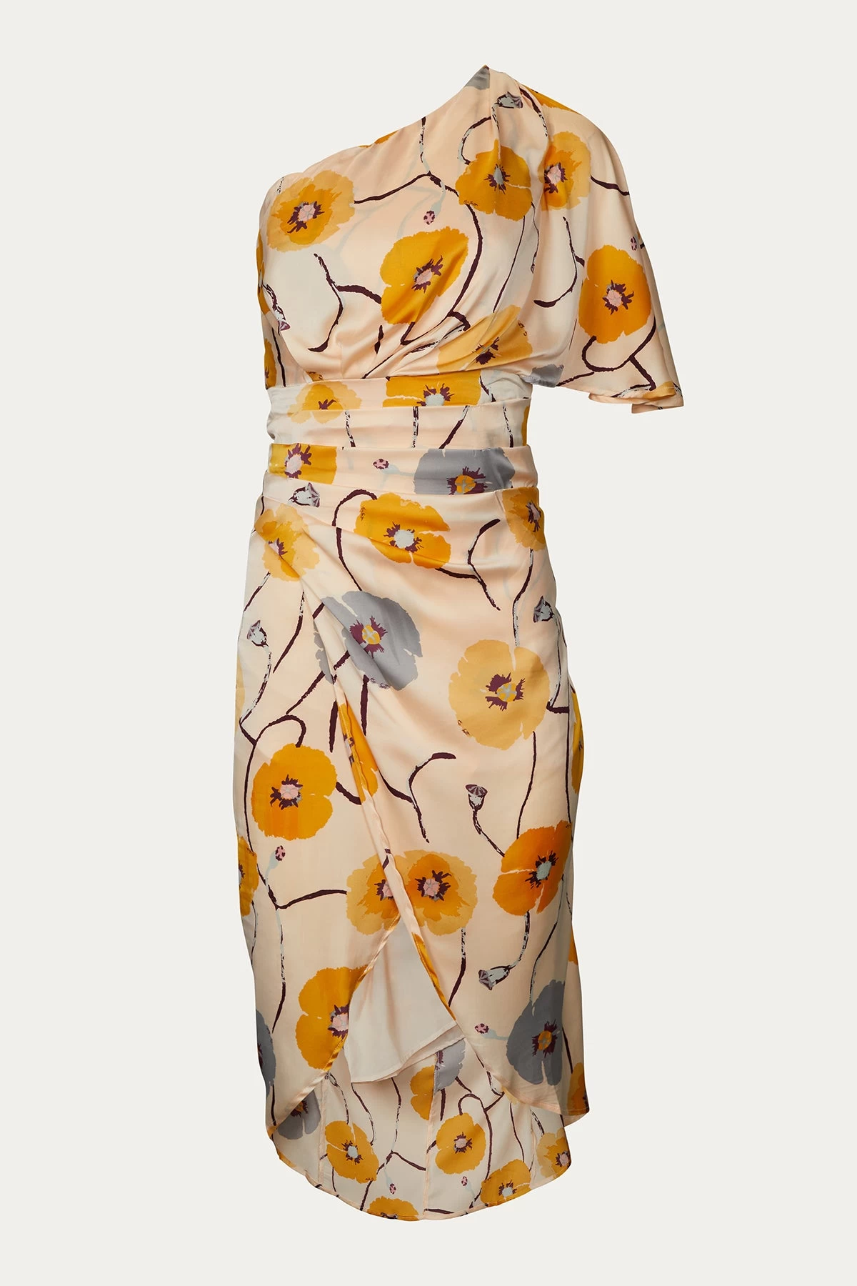 ONE-SHOULDER RUCHED FLORAL-PRINT MIDI DRESS 1 ONE-SHOULDER RUCHED FLORAL-PRINT MIDI DRESS