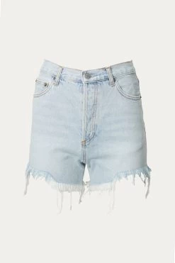 DISTRESSED FRAYED HIGH-RISE DENIM SHORTS