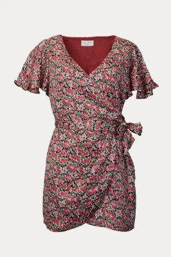 FLORAL-PRINT SATIN WRAP MINI DRESS