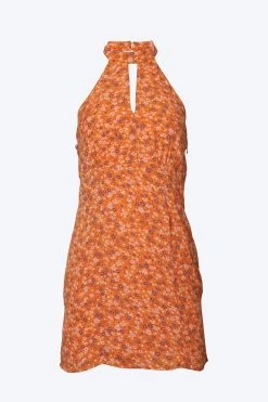 CUTOUT FLORAL-PRINT SATIN HALTERNECK MINI DRESS