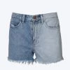 HIGH-RISE TWO-TONE DISTRESSED DENIM SHORTS