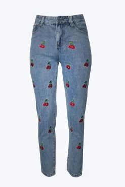 HIGH-RISE CHERRY-EMBROIDERED TAPERED JEANS