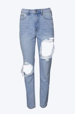 HIGH-RISE DISTRESSED TAPERED JEANS