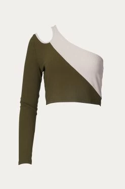 COLORBLOCKED RIBBED-KNIT ONE-SLEEVE TOP