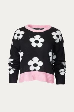 RETRO FLORAL KNIT CREWNECK CROPPED SWEATER