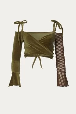 FAIRY VELVET AND MESH WRAP CROPPED TOP
