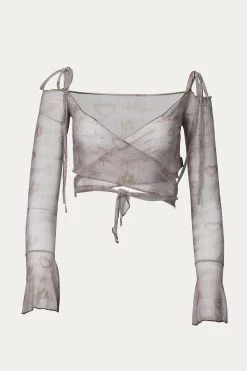 CUPID HEART-PRINT SHEER MESH CROPPED WRAP TOP