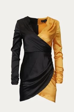 WRAP-EFFECT TWO-TONE SATIN MINI DRESS