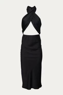 OPEN-BACK CROSSED SATIN MIDI DRESS