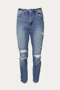 COMFORT STRETCH HIGH-RISE DISTRESSED MOM JEANS