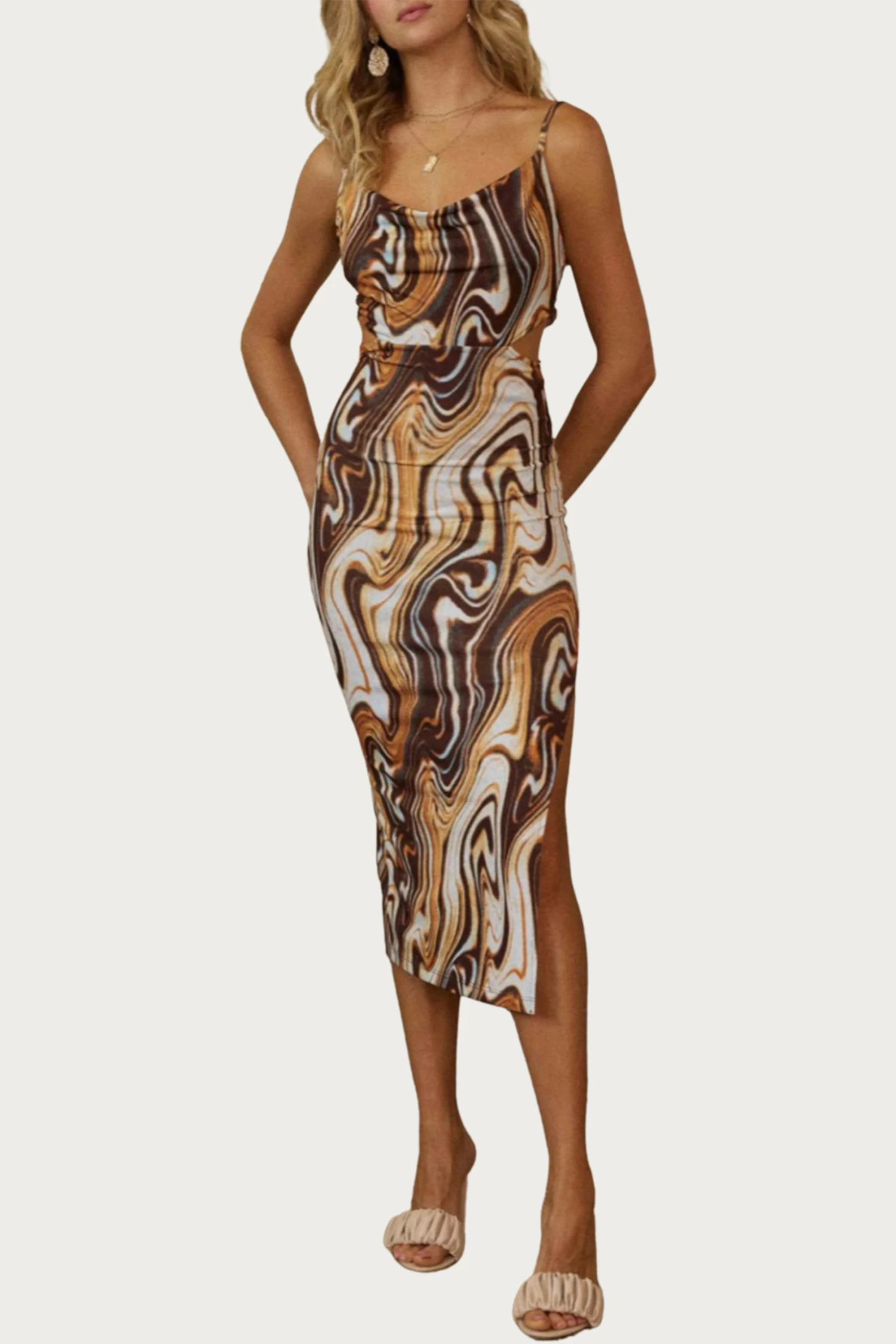 MARBLE-PRINT COWL STRETCH-JERSEY CUTOUT MIDI DRESS 2 MARBLE-PRINT COWL STRETCH-JERSEY CUTOUT MIDI DRESS - Image 2