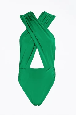 TARA CROSS-FRONT SLINKY JERSEY BODYSUIT