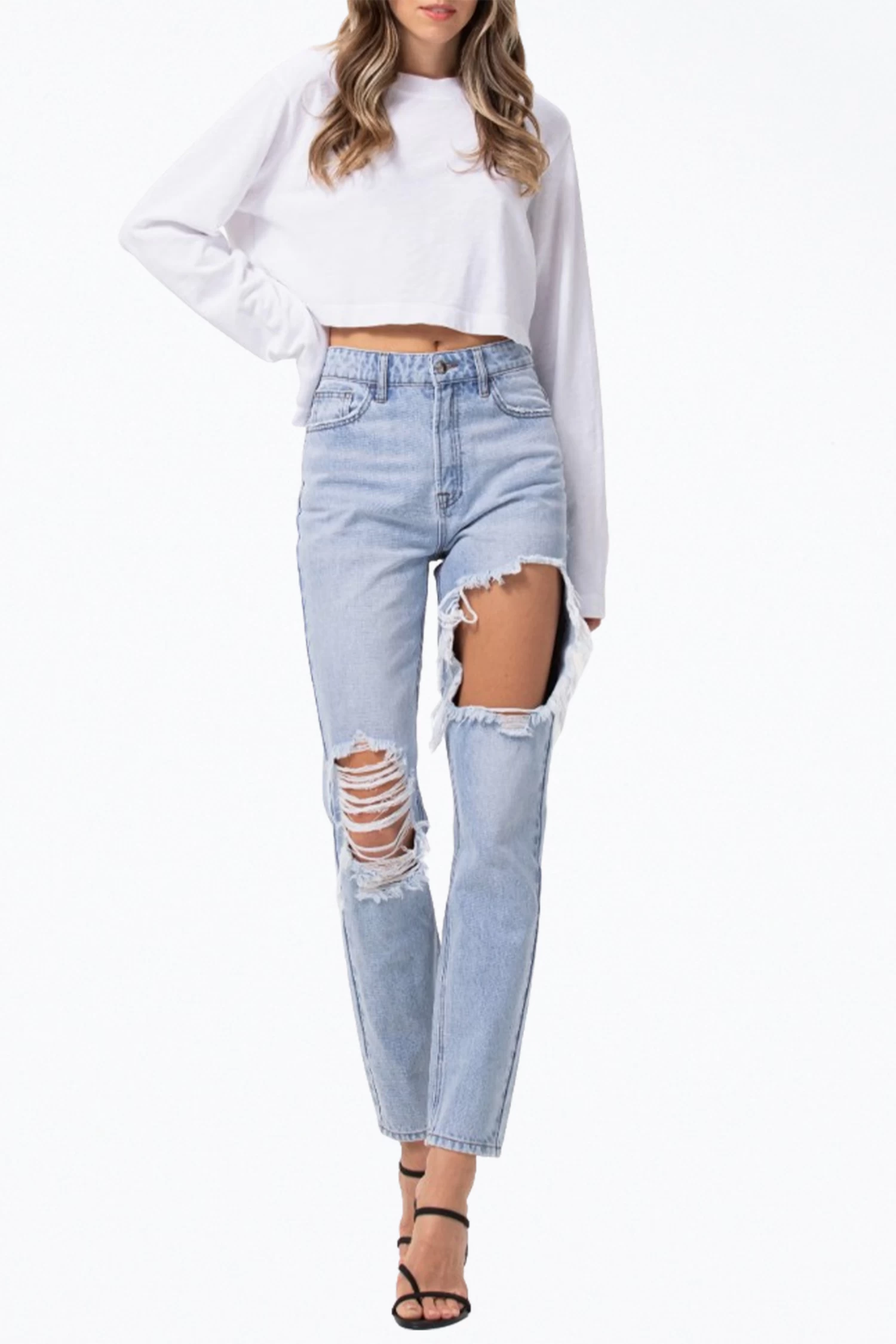 HIGH-RISE DISTRESSED TAPERED JEANS 2 HIGH-RISE DISTRESSED TAPERED JEANS - Image 2